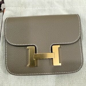 Hermes Constance Slim Wallet in Etoupe with Gold Hardware